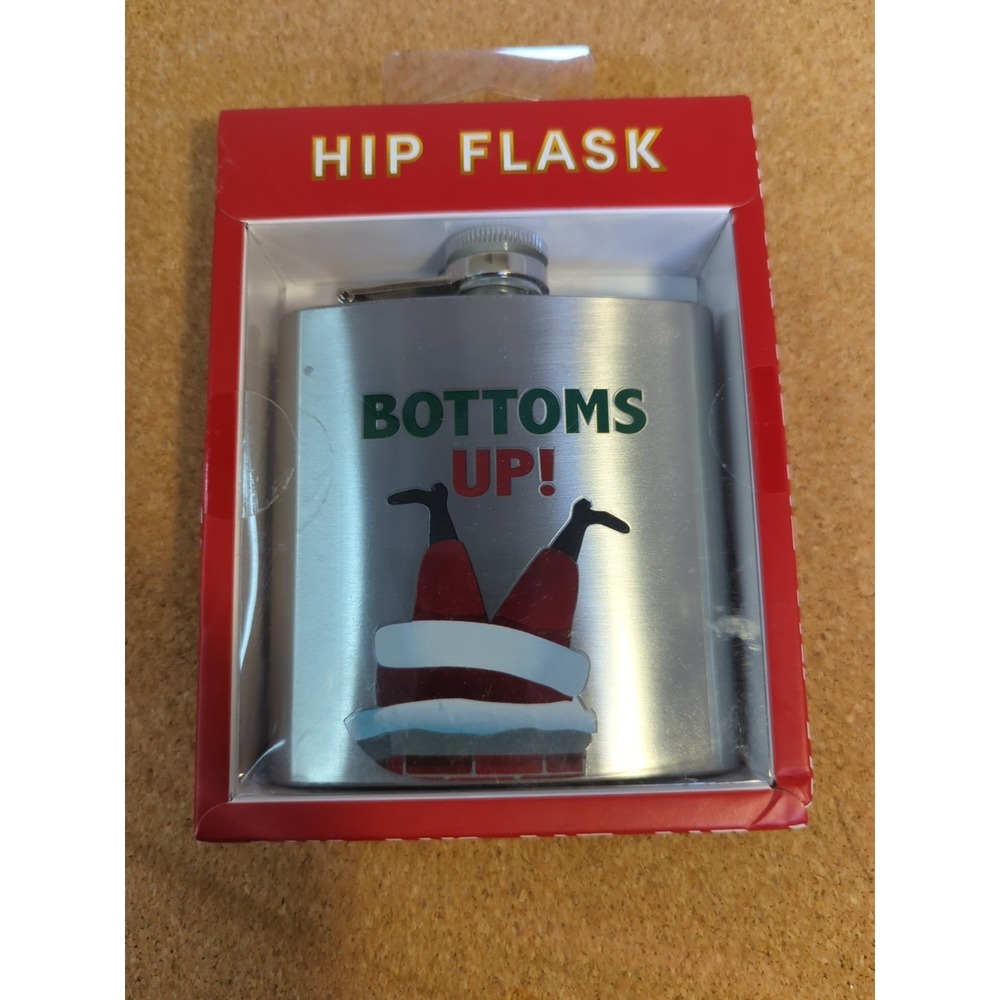 Christmas "BOTTOMS UP" 6 oz Stainless Steel Hip Flask 4in x 3in NIB